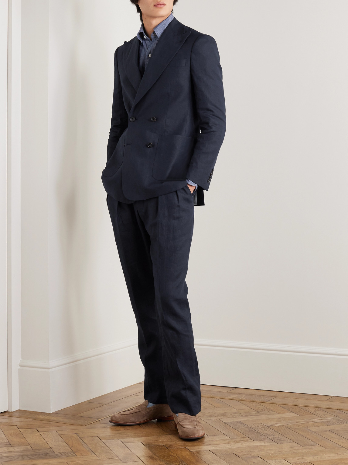 Shop Richard James Tapered Pleated Linen Suit Trousers In Blue