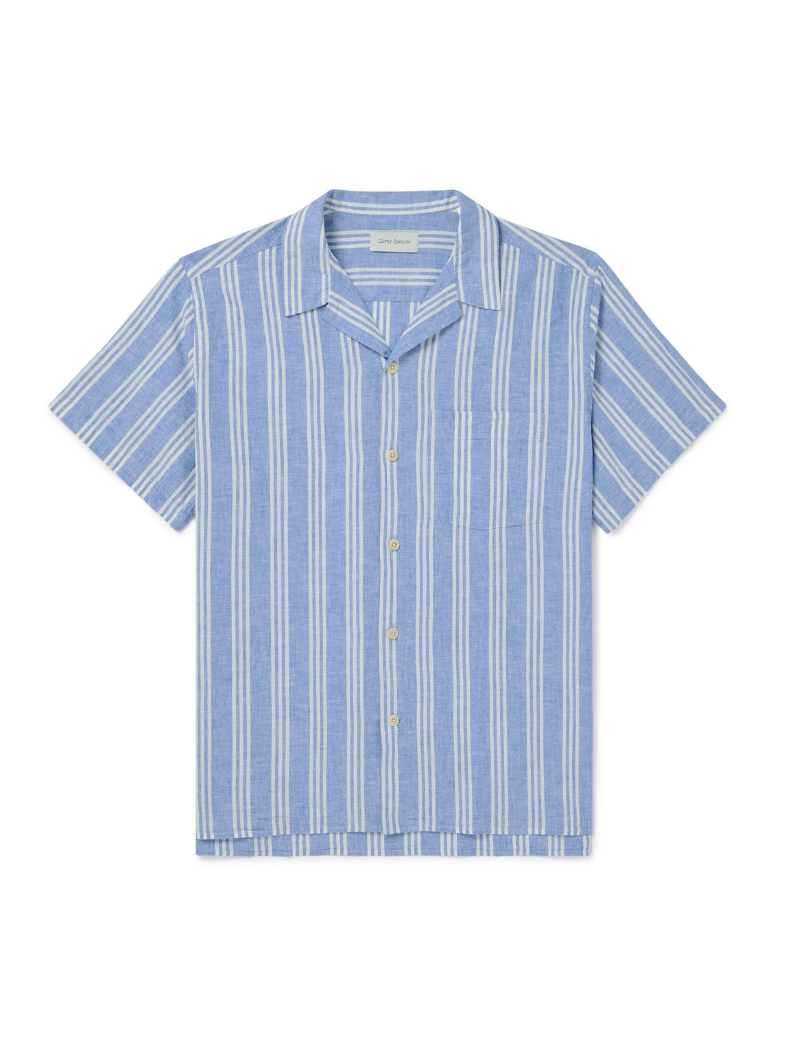 Oliver Spencer Camp-collar Striped Cotton And Linen-blend Shirt In Blue