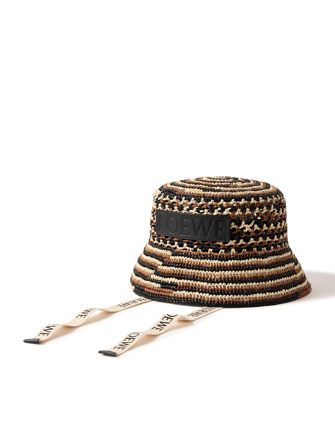 Loewe Paula's Ibiza Leather And Webbing-trimmed Striped Raffia Bucket Hat In Brown