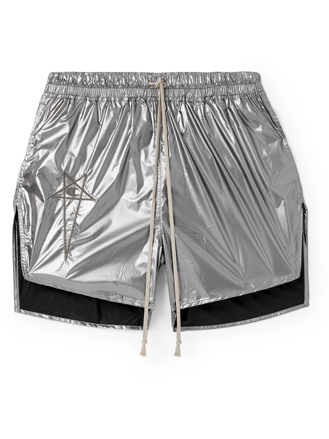 Rick Owens Champion Dolphin Straight-leg Logo-embroidered Metallic Shell Shorts In Silver