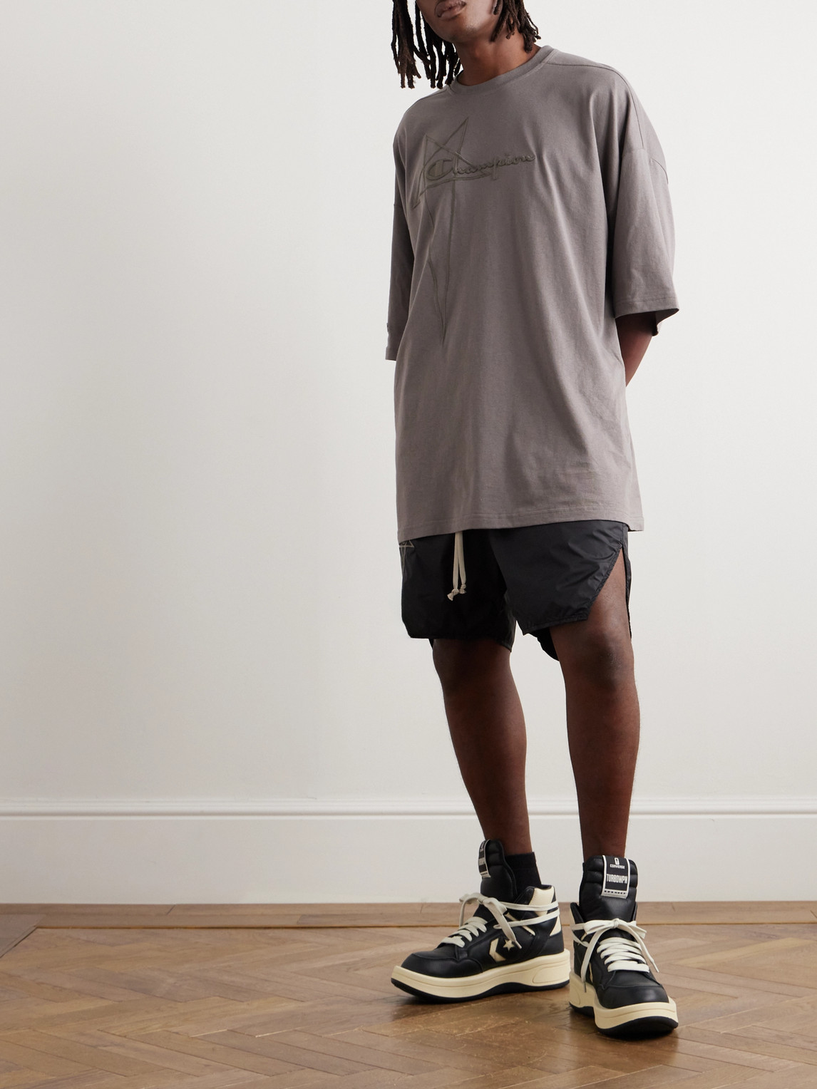 Shop Rick Owens Champion Tommy Oversized Logo-embroidered Cotton-jersey T-shirt In Gray