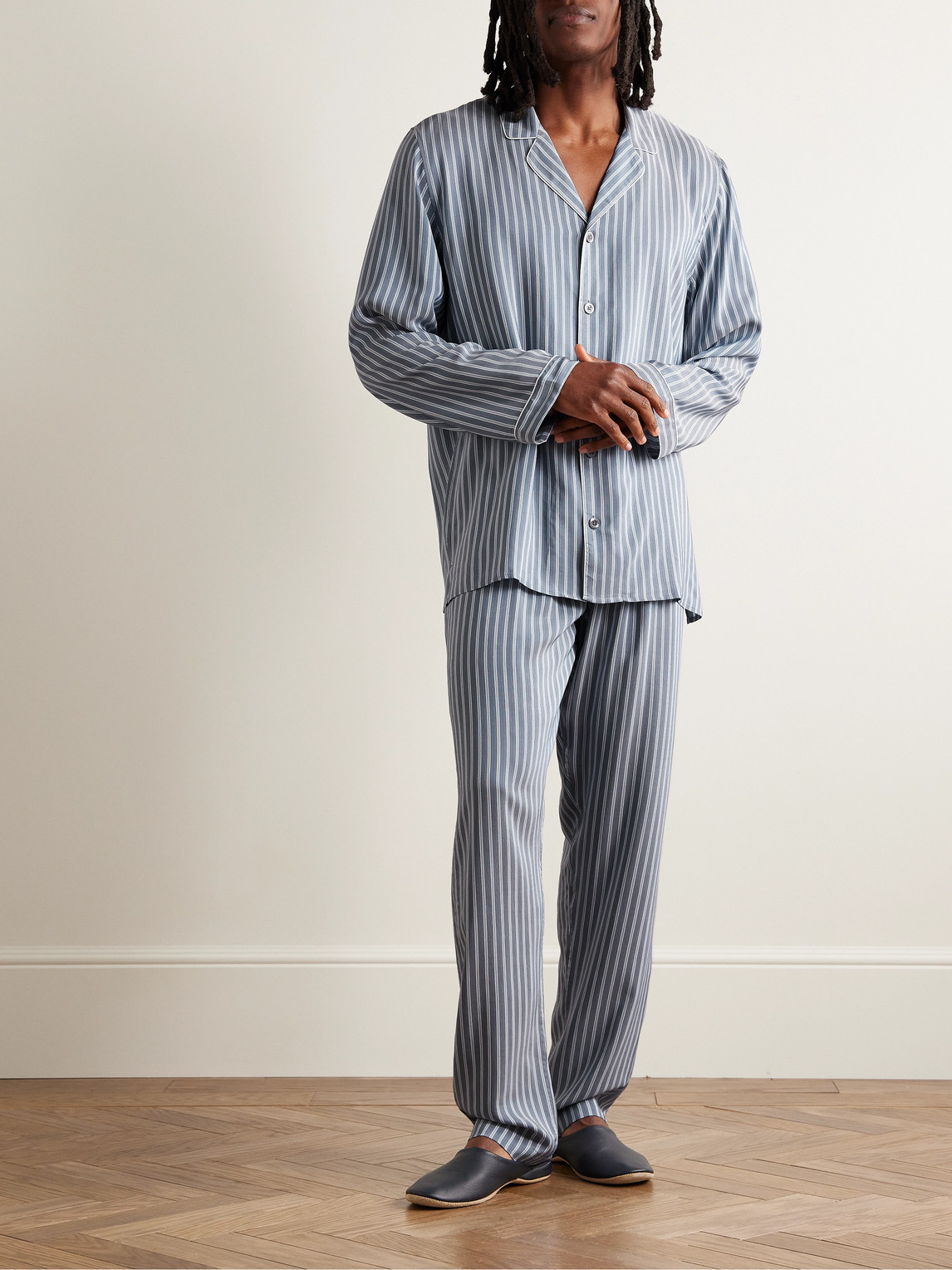 Shop Zimmerli Camp-collar Striped Woven Pyjama Set In Blue