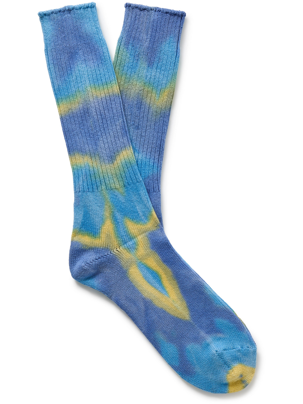 Anonymous Ism Tie-dyed Ribbed Cotton-blend Socks In Blue