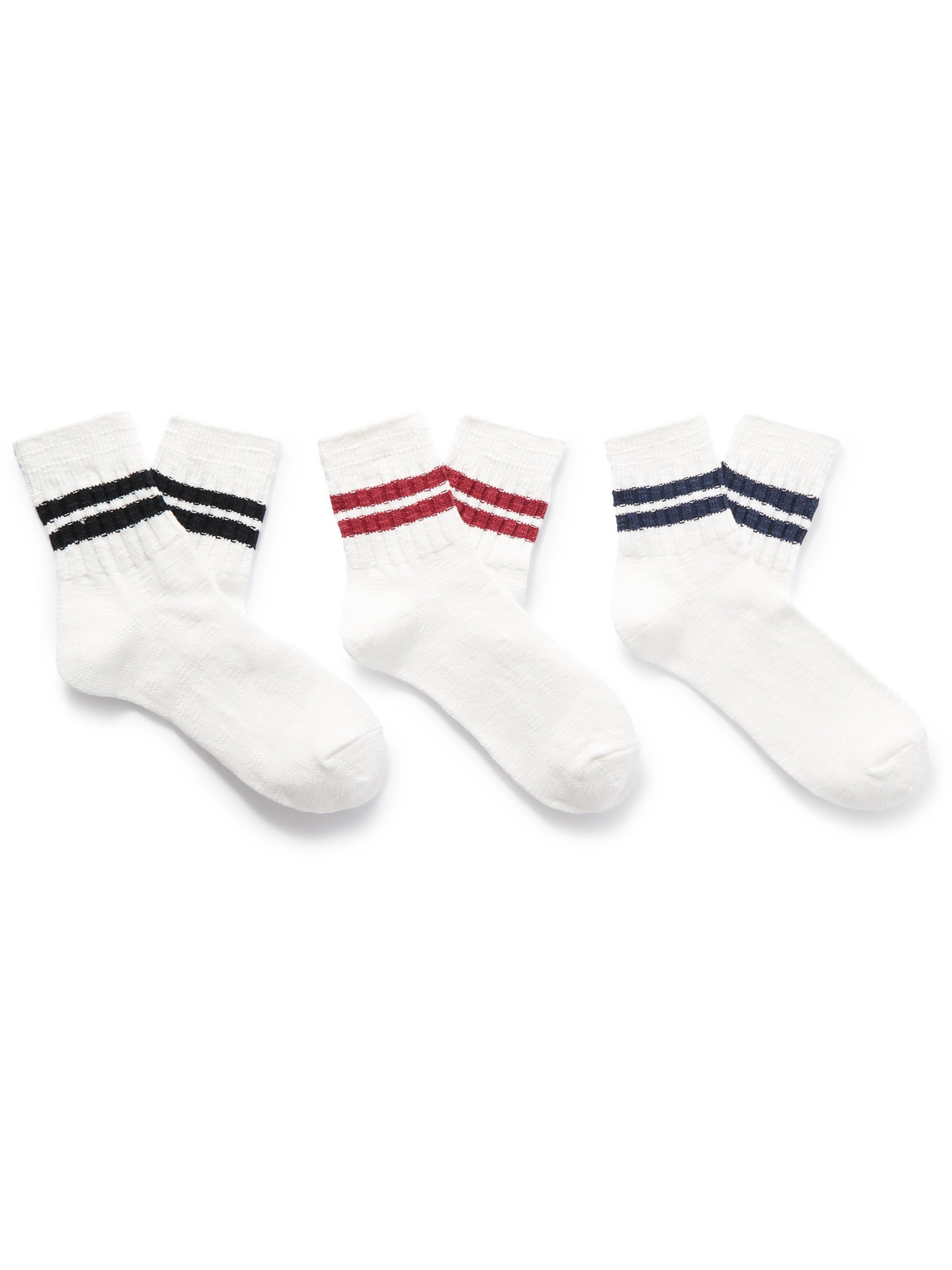Anonymous Ism Slub Line Q Three-pack Ribbed Striped Cotton-blend Socks In White