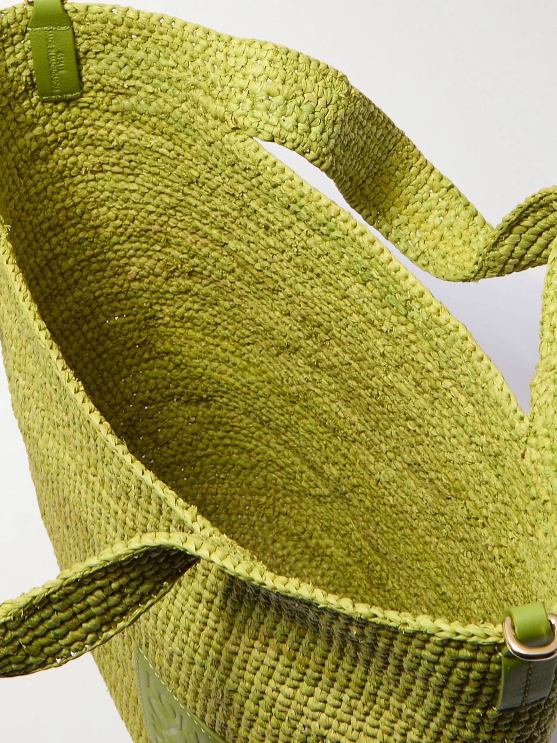 Shop Loewe Paula's Ibiza Mini Logo-debossed Leather-trimmed Raffia Tote Bag In Green