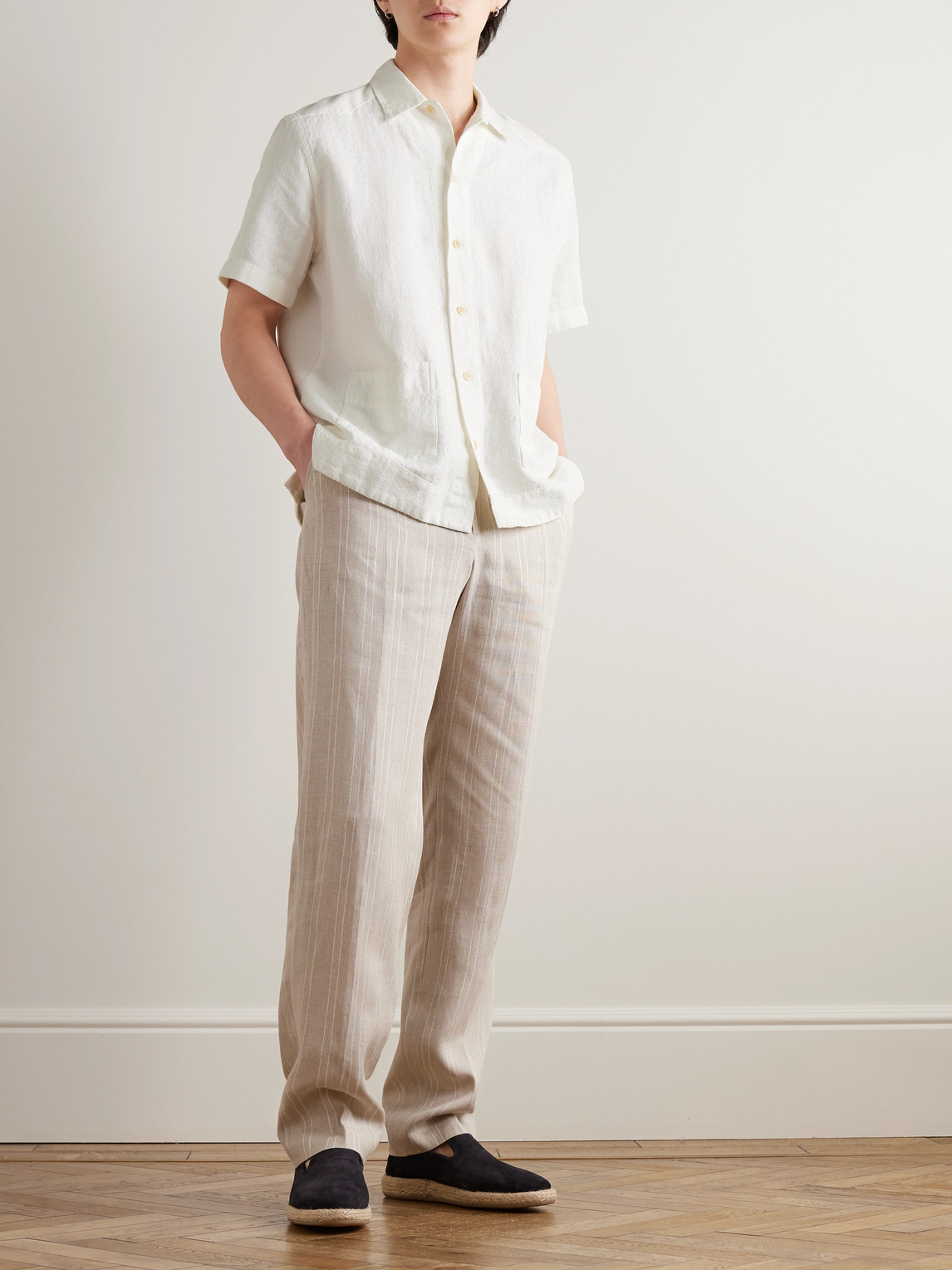 Shop Oliver Spencer Camp-collar Linen And Cotton-blend Jacquard Shirt In White