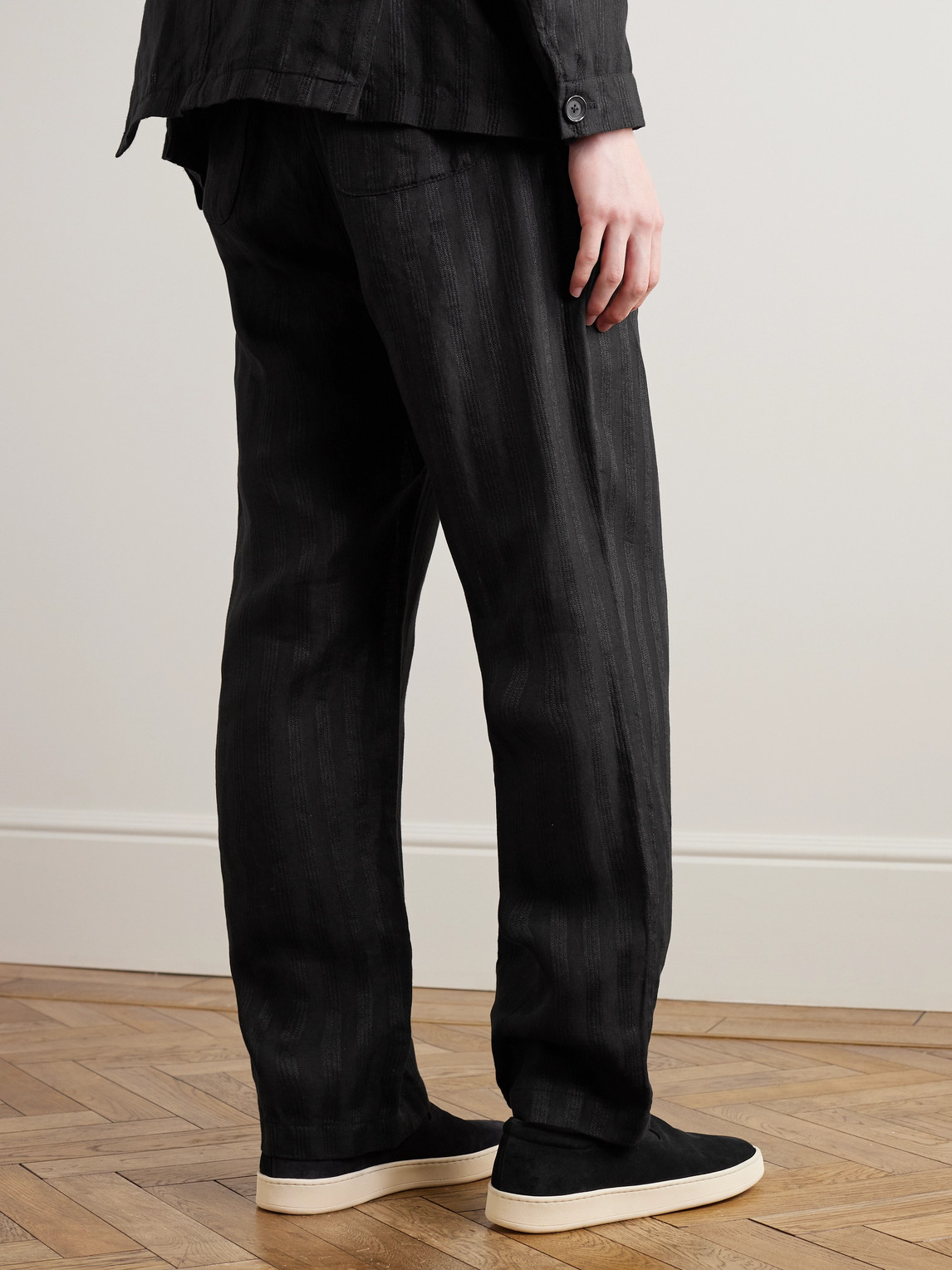 Shop Oliver Spencer Straight-leg Belted Pleated Embroidered Linen Trousers In Black