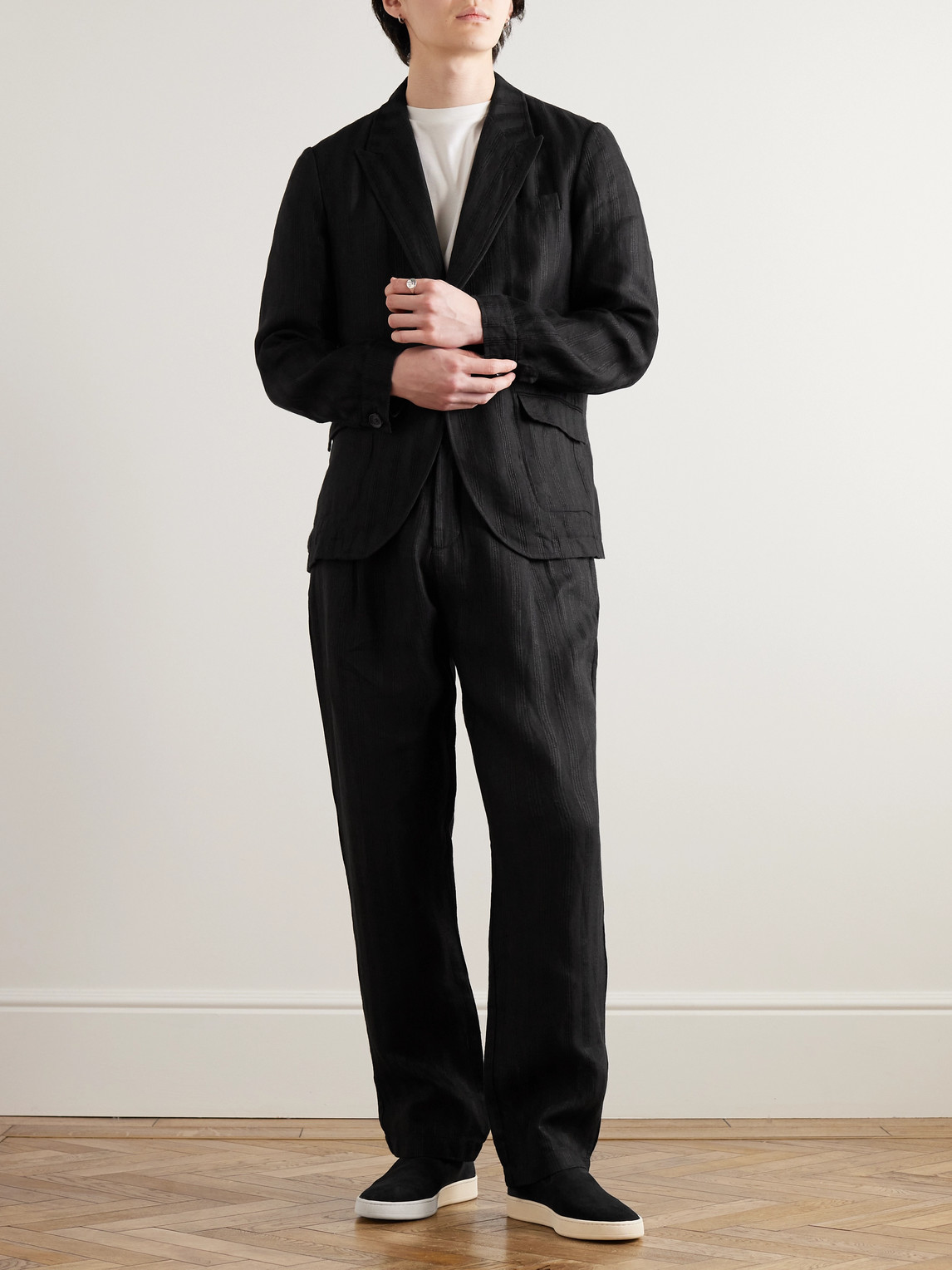 Shop Oliver Spencer Straight-leg Belted Pleated Embroidered Linen Trousers In Black