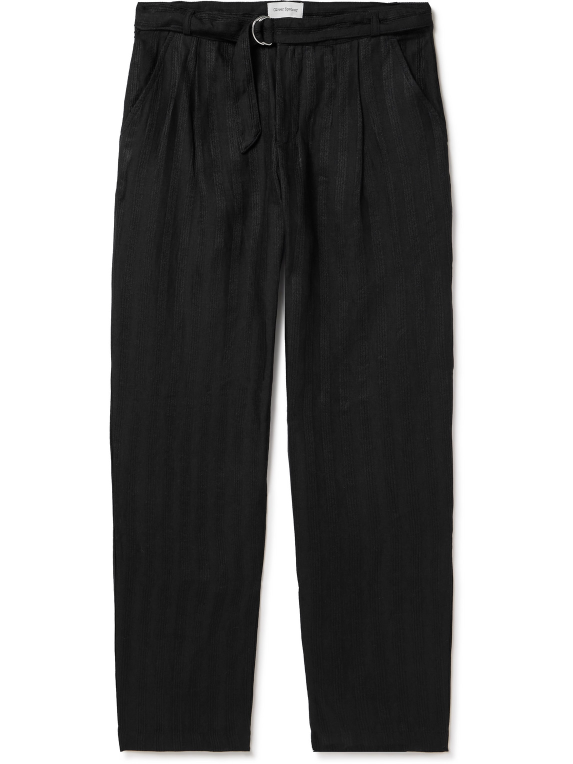 Oliver Spencer Straight-leg Belted Pleated Embroidered Linen Trousers In Black