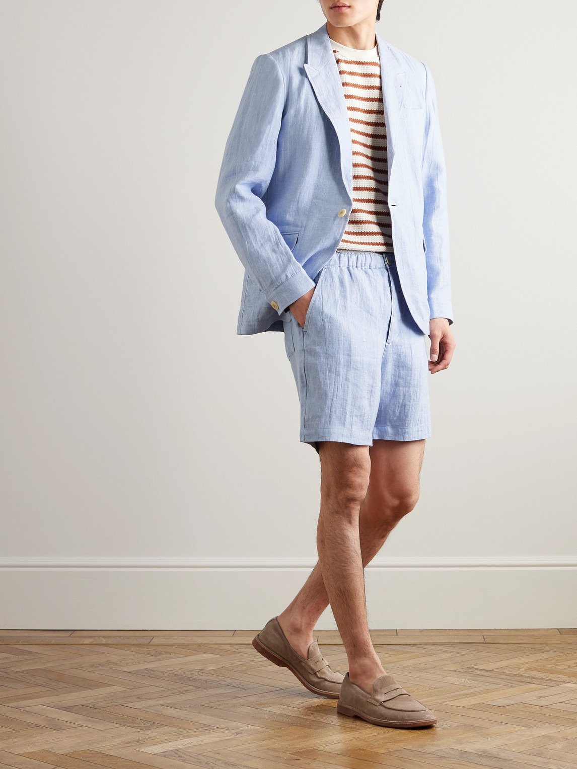 Shop Oliver Spencer Osborne Straight-leg Linen Drawstring Shorts In Blue