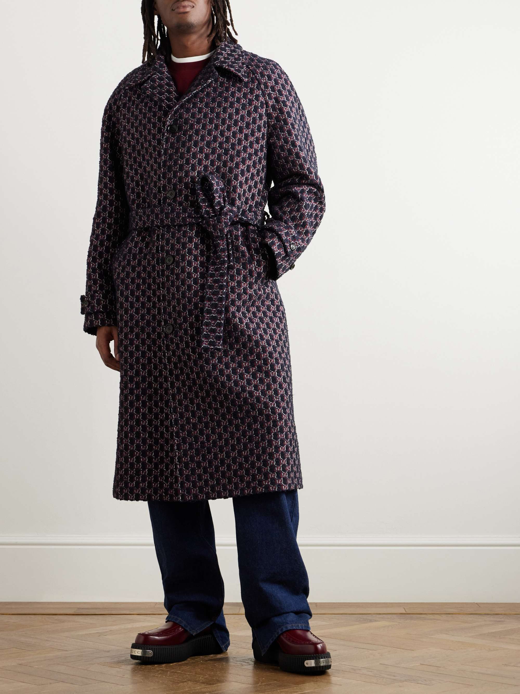 Belted Logo Embroidered Wool Blend Boucle Coat