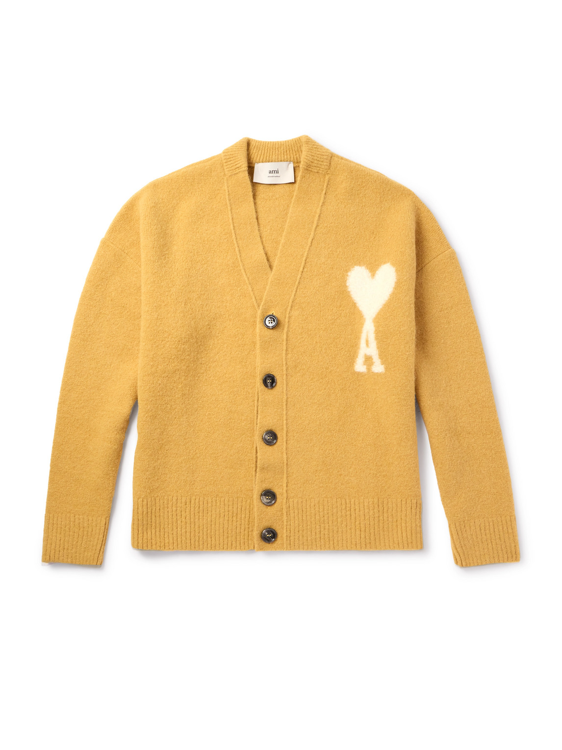 Ami Alexandre Mattiussi Logo-intarsia Alpaca-blend Cardigan In Yellow