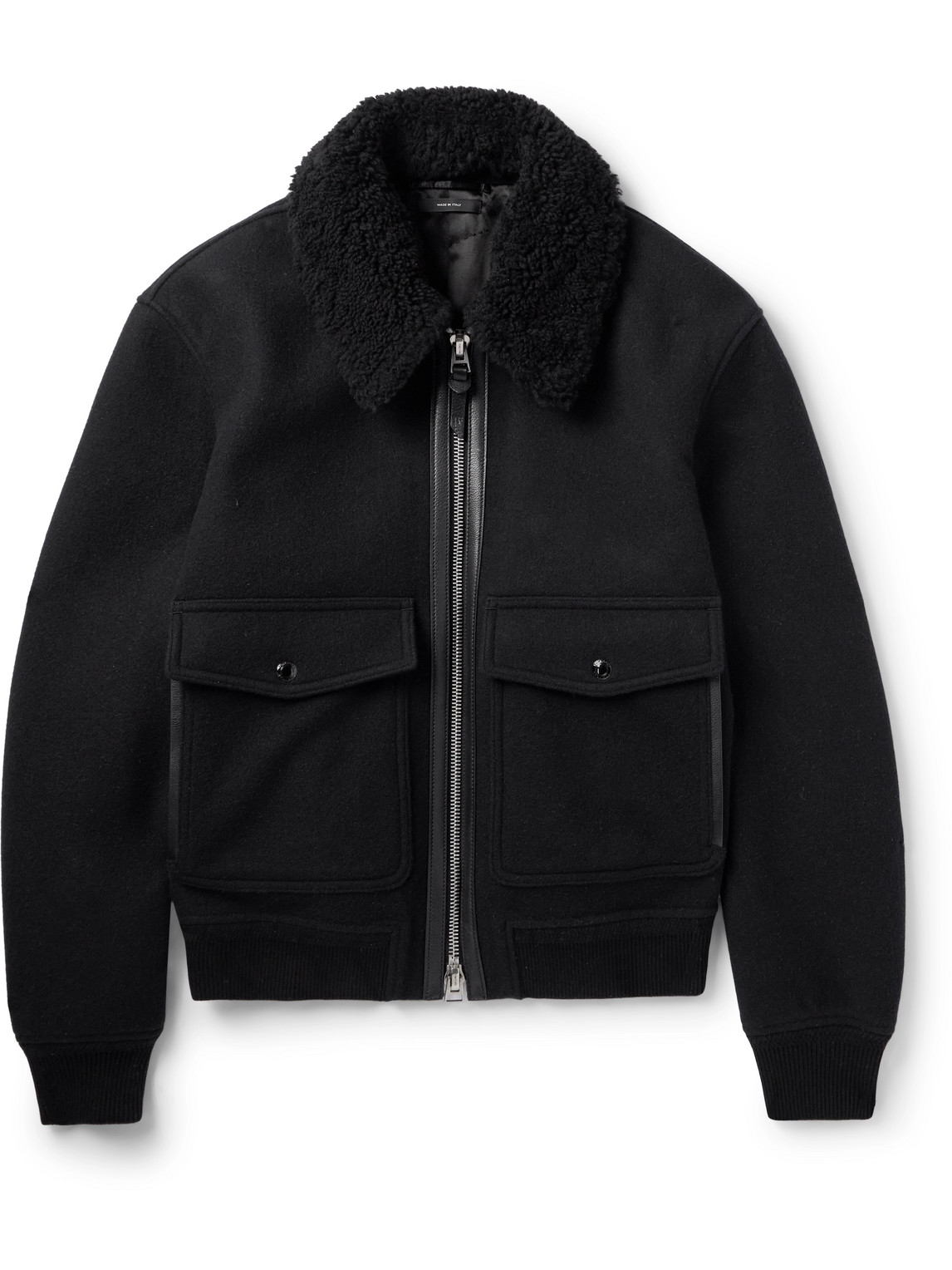 Tom Ford Shearling And Leather-trimmed Wool-blend Bomber Jacket In Black