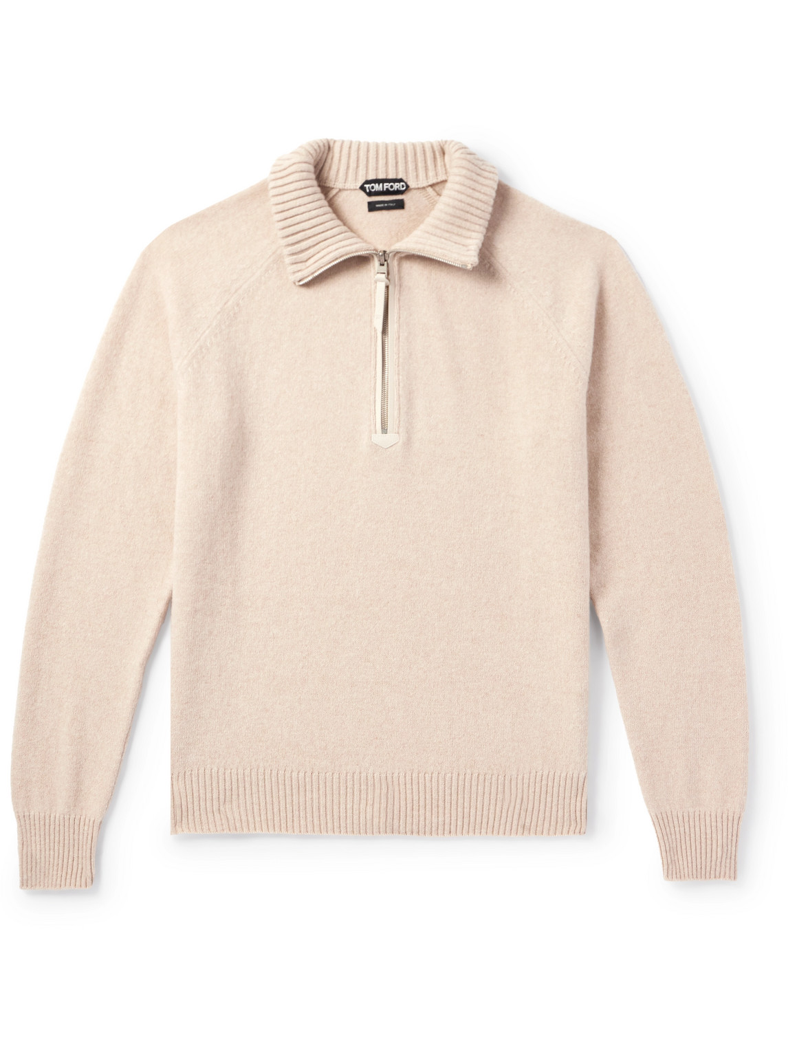 Tom Ford Slim-fit Leather-trimmed Wool And Cashmere-blend Half-zip Sweater In Neutrals