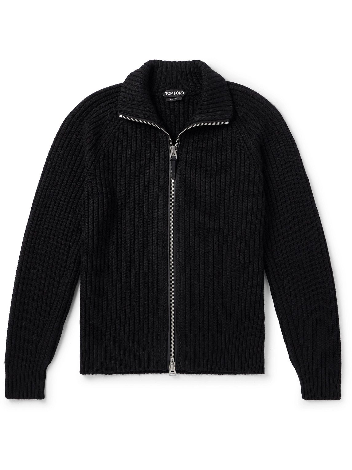 Tom Ford Slim-fit Ribbed Wool And Cashmere-blend Zip-up Cardigan In Black