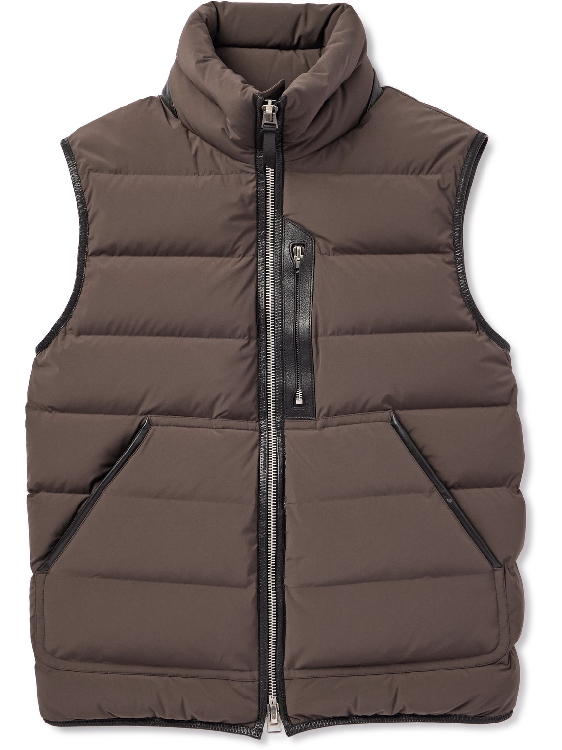 Tom Ford Slim-fit Full-grain Leather-trimmed Quilted Stretch-shell Down Gilet In Brown