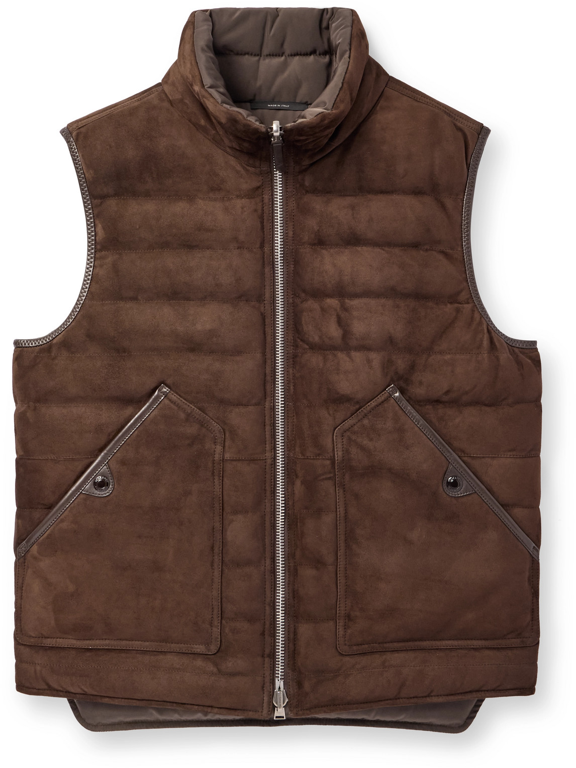 Tom Ford Slim-fit Reversible Quilted Leather-trimmed Suede And Shell Down Gilet In Brown