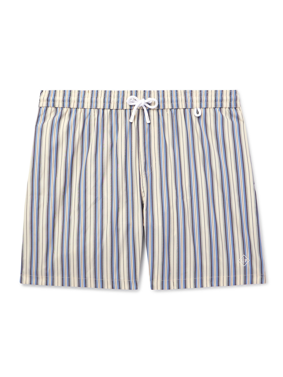Loro Piana Bay Vintage Straight-leg Mid-length Logo-print Striped Swim Shorts In Grey