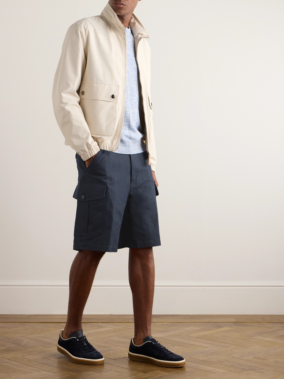 Shop Loro Piana Bizen Wide-leg Cotton And Linen-blend Canvas Cargo Shorts In Blue