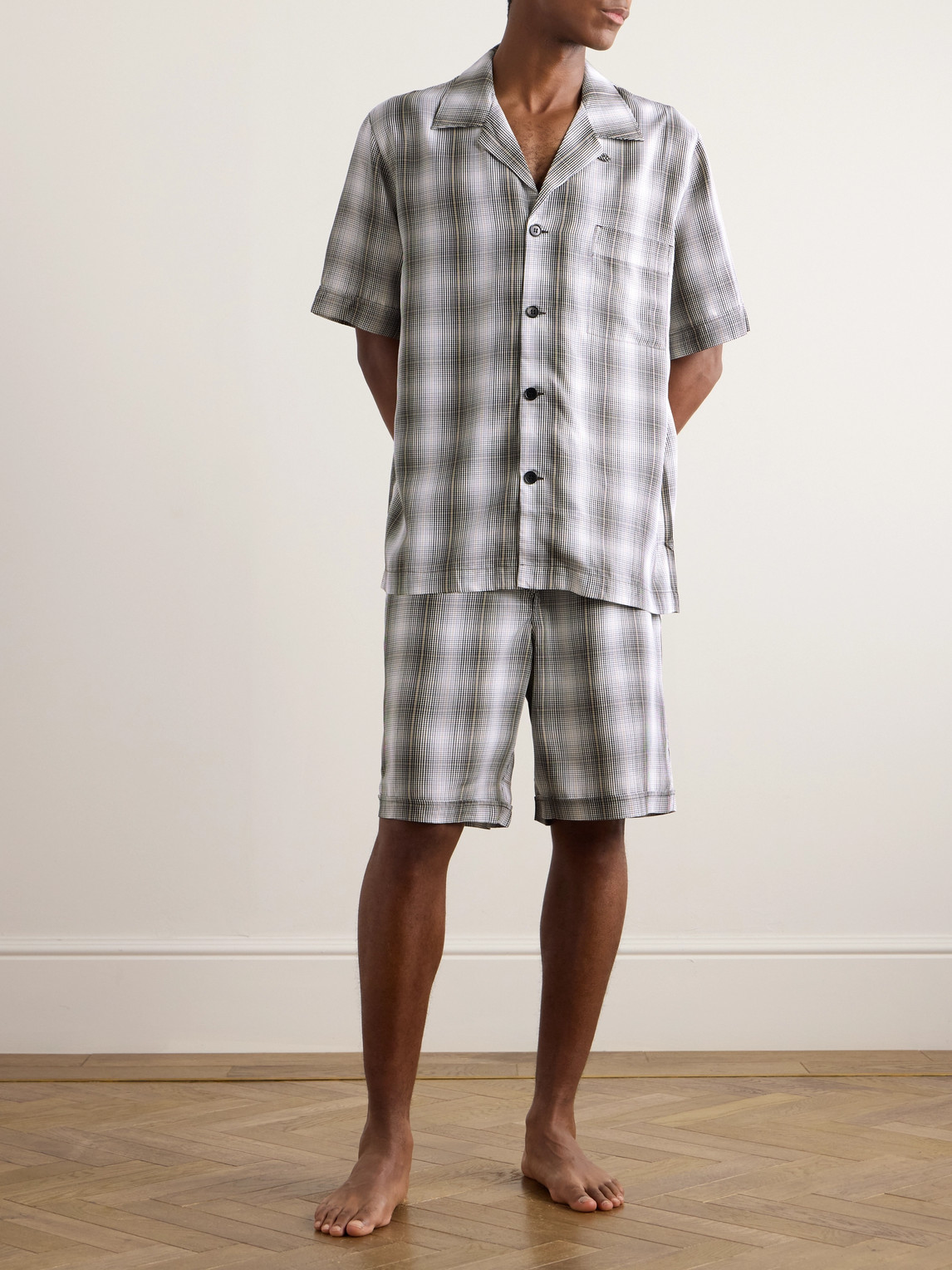 Shop Cdlp Convertible-collar Checked Tencel™ Lyocell Poplin Pyjama Shirt In White