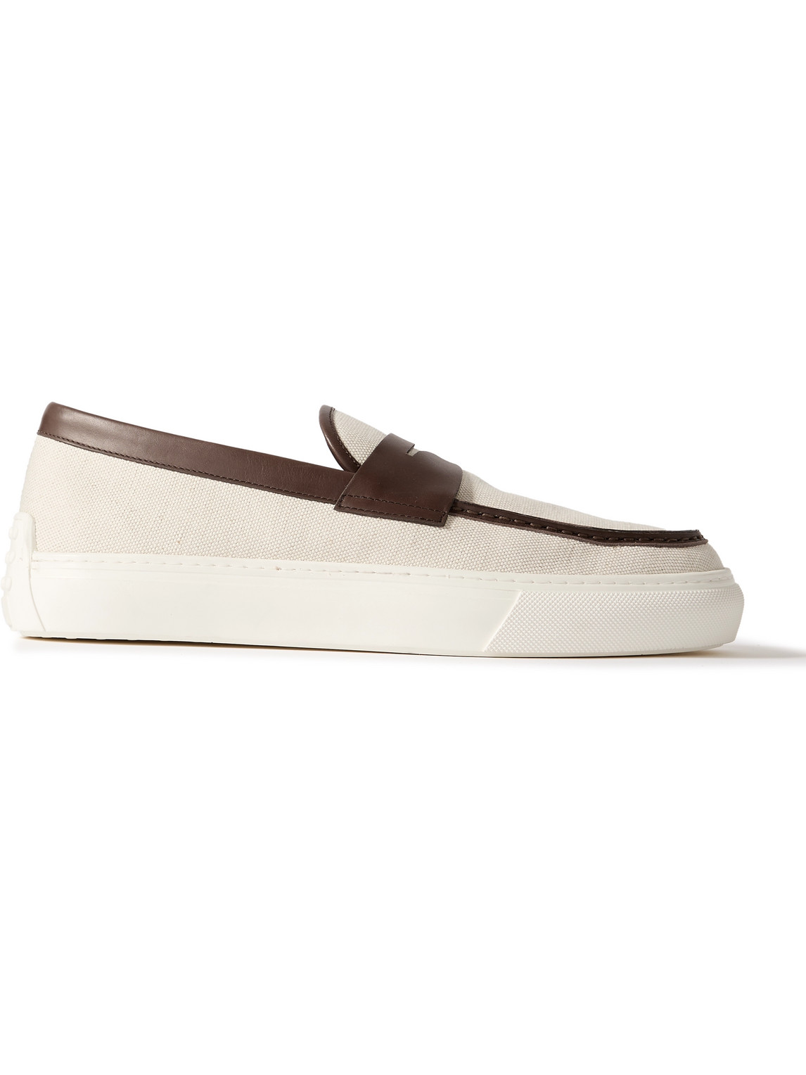 Tod's Leather-trimmed Canvas Penny Loafers In Neutrals