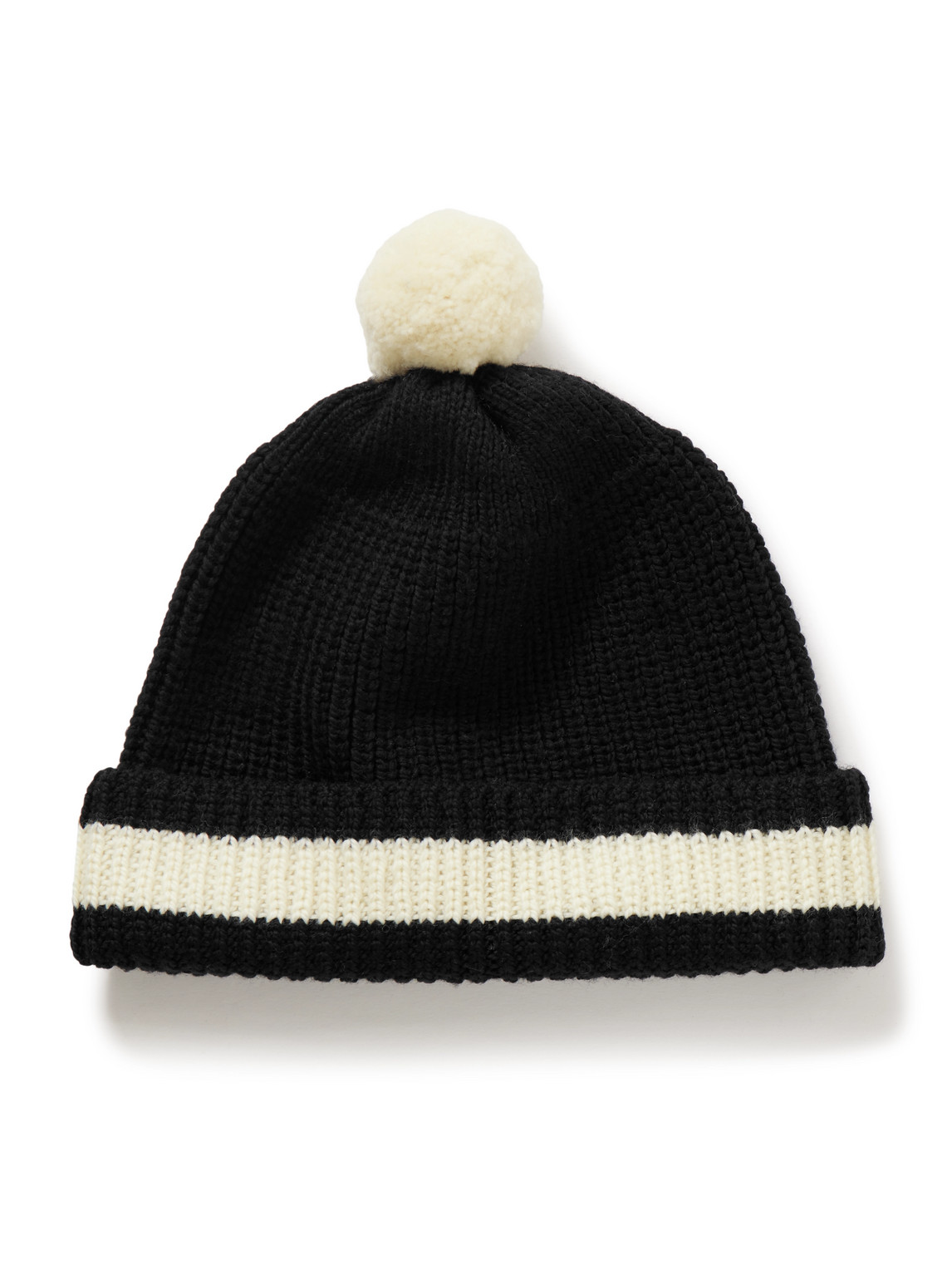 Pompom-Detailed Ribbed Striped Merino Wool Beanie