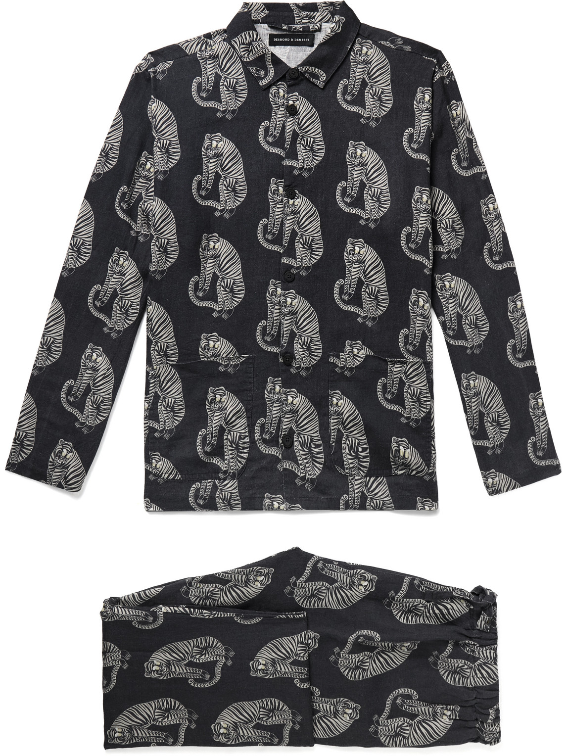 Desmond & Dempsey Printed Linen Pyjama Set In Black