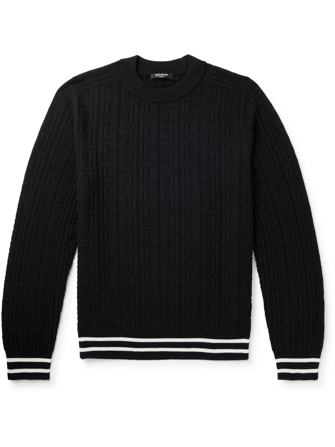 Balmain Striped Monogrammed Merino Wool Sweater In Black