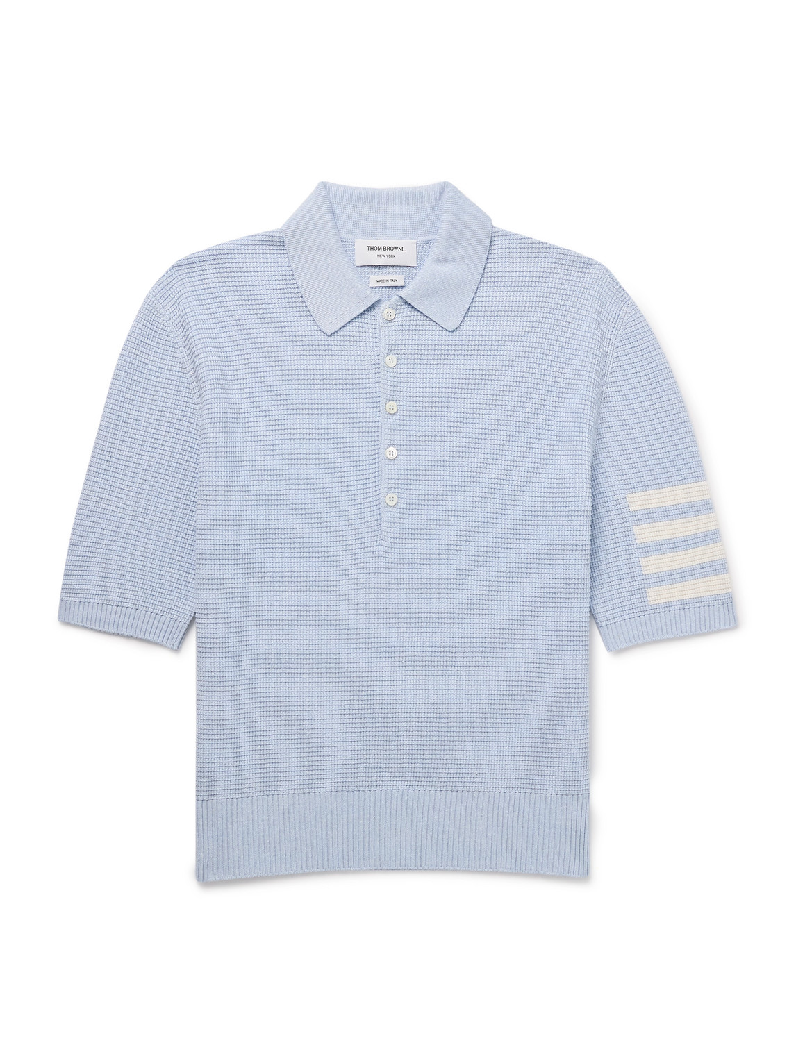 Thom Browne Intarsia-knit Striped Textured Linen And Cotton-blend Polo Shirt In Blue