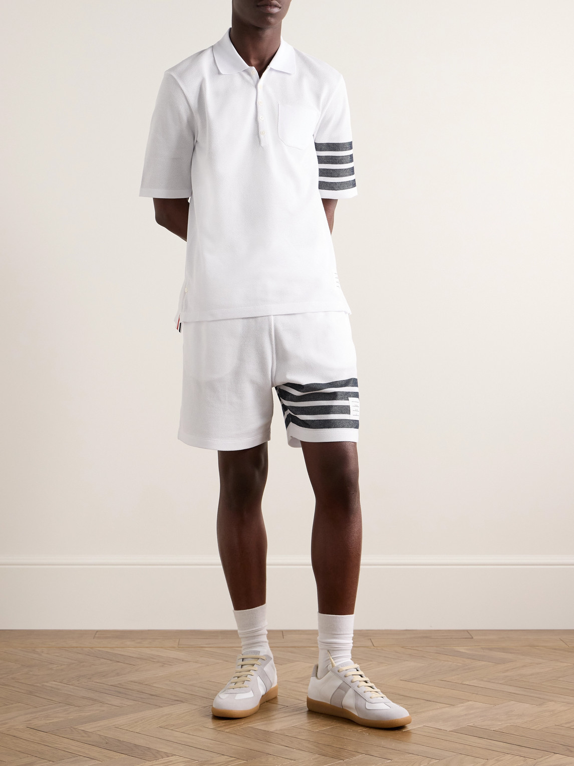Shop Thom Browne Straight-leg Striped Cotton-piqué Drawstring Shorts In White