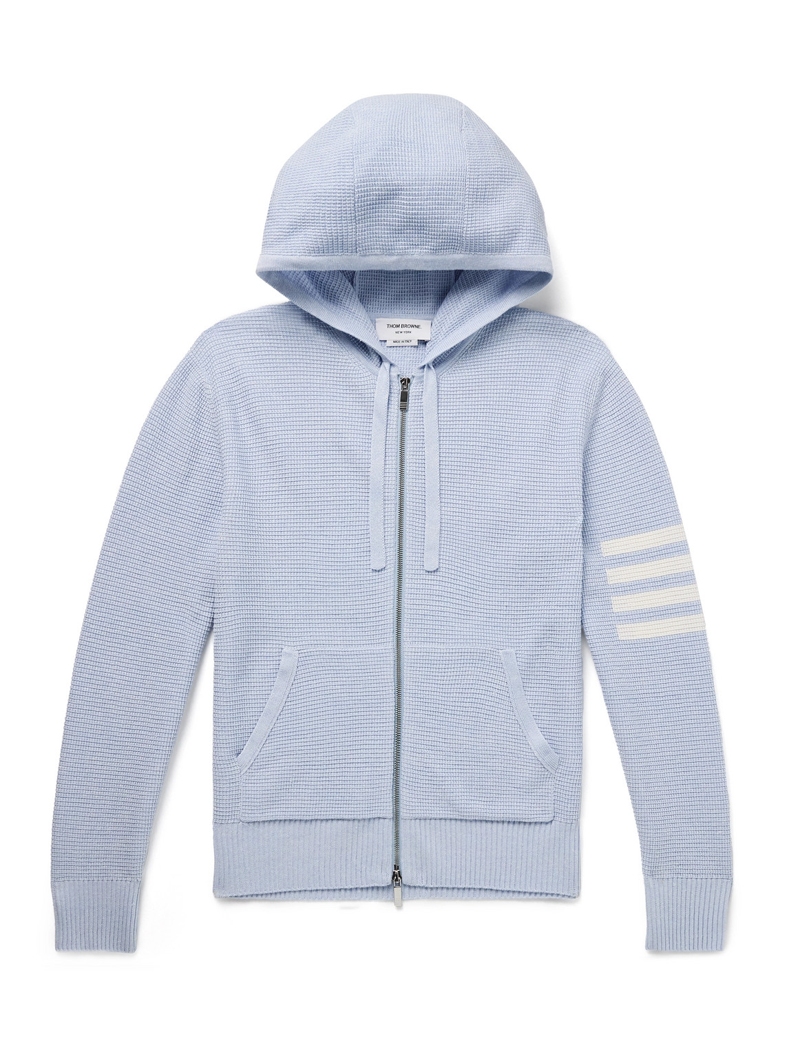 Thom Browne Intarsia-knit Striped Textured Linen And Cotton-blend Zip-up Hoodie In Blue