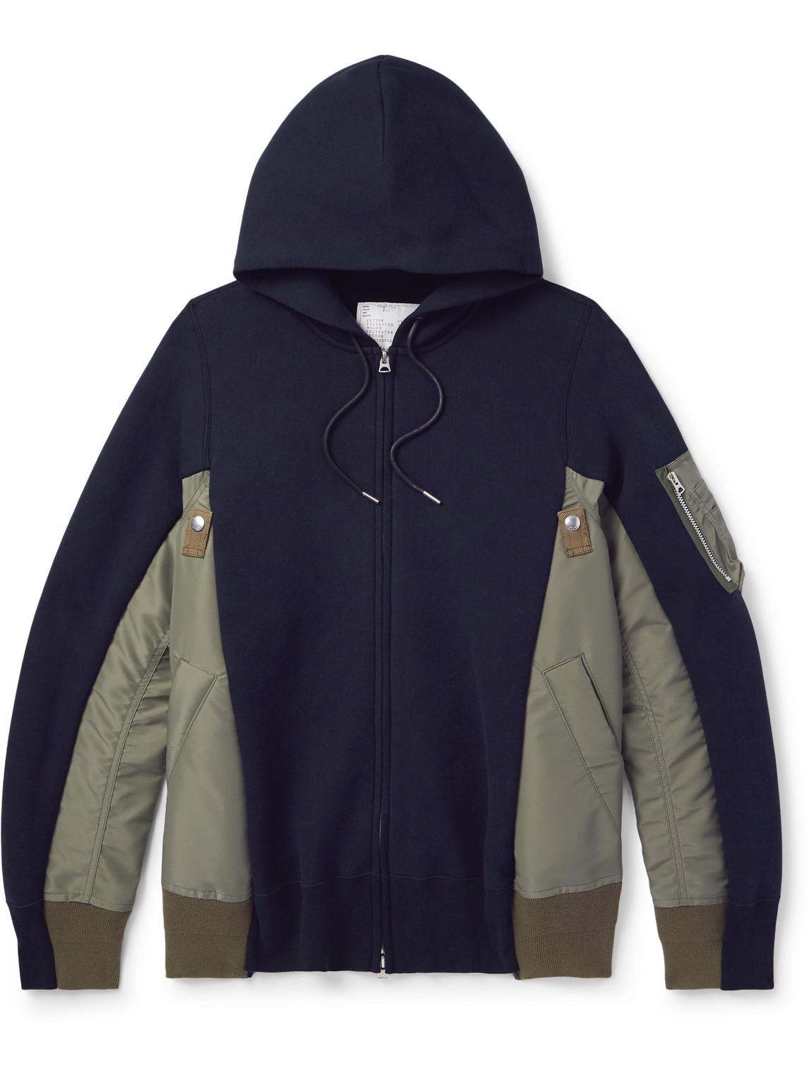 Sacai Ma-1 Nylon-trimmed Cotton-blend Jersey Zip-up Hoodie In Blue