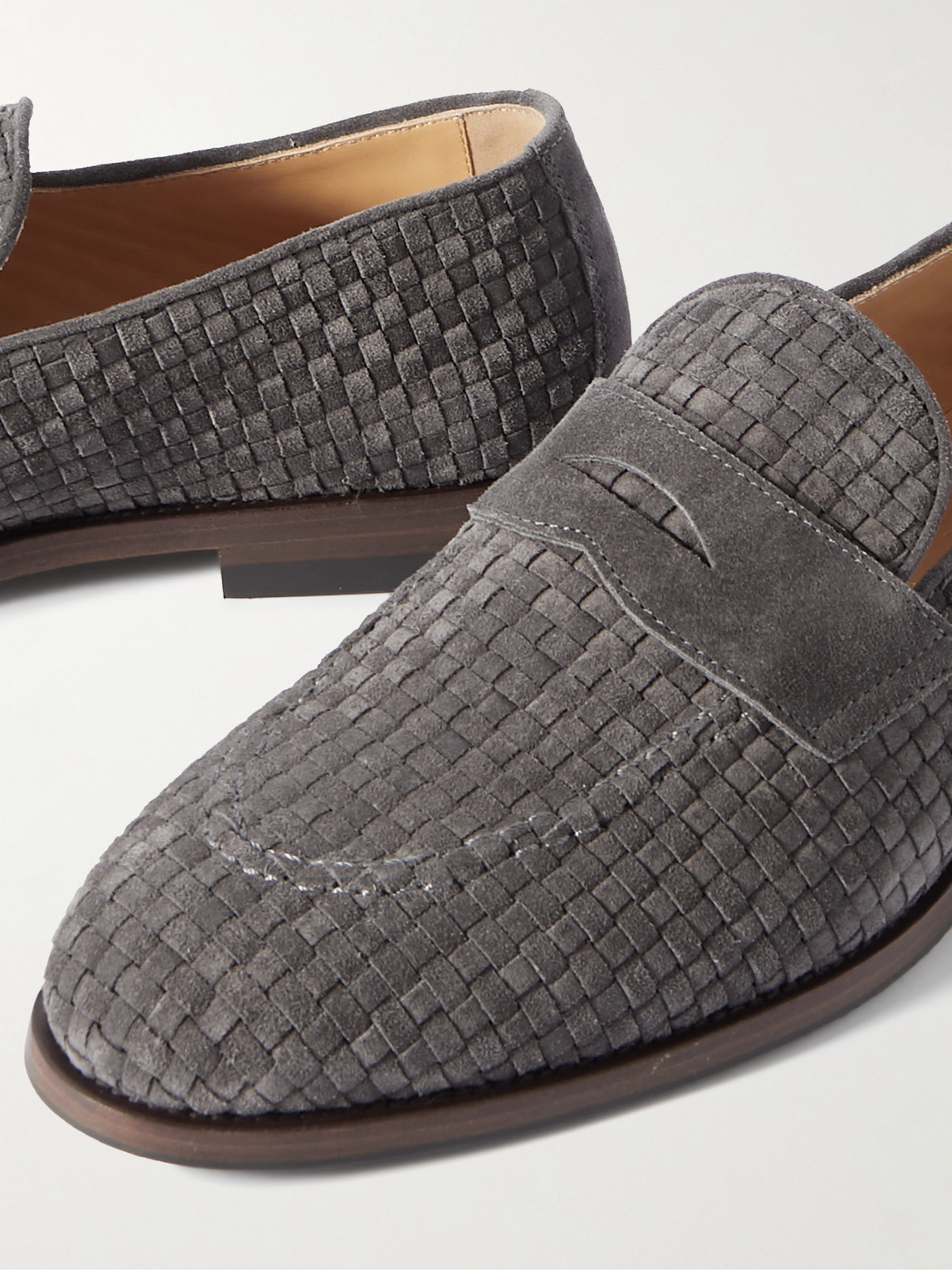 Shop Brunello Cucinelli Woven Suede Penny Loafers In Gray