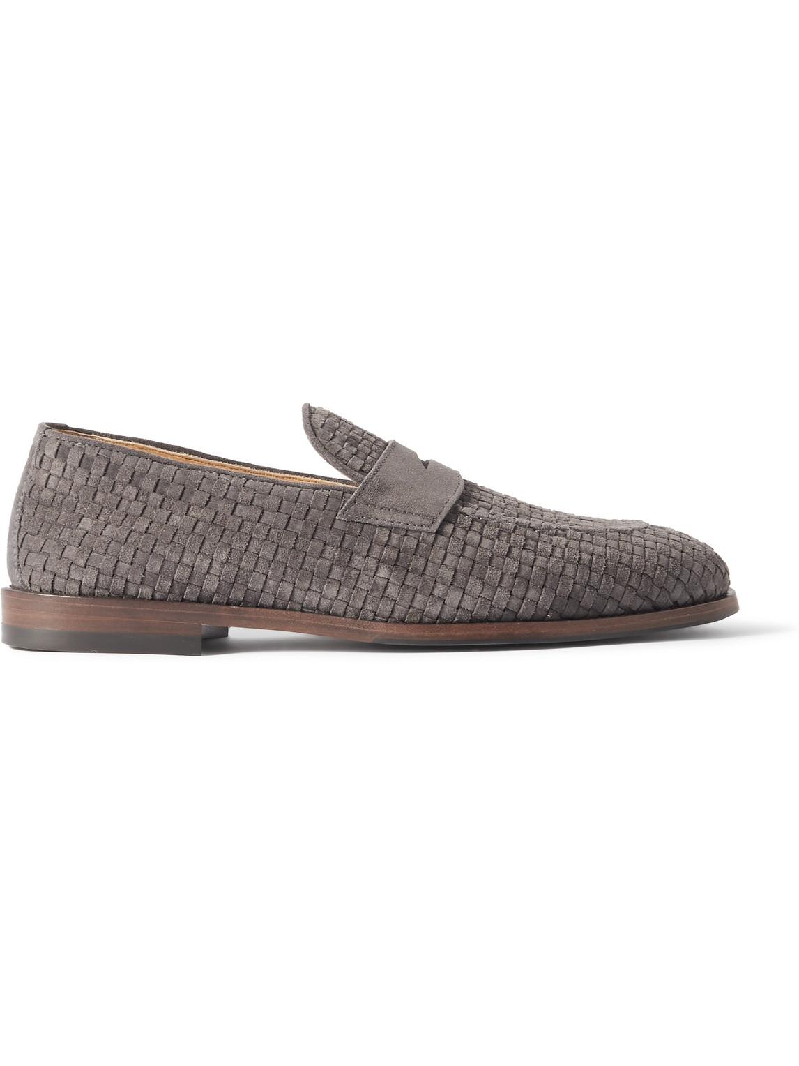 Shop Brunello Cucinelli Woven Suede Penny Loafers In Gray
