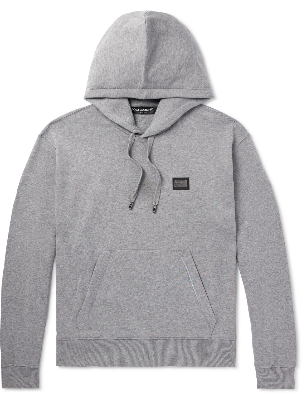 Dolce & Gabbana Leather-trimmed Logo-appliquéd Cotton-jersey Hoodie In Gray