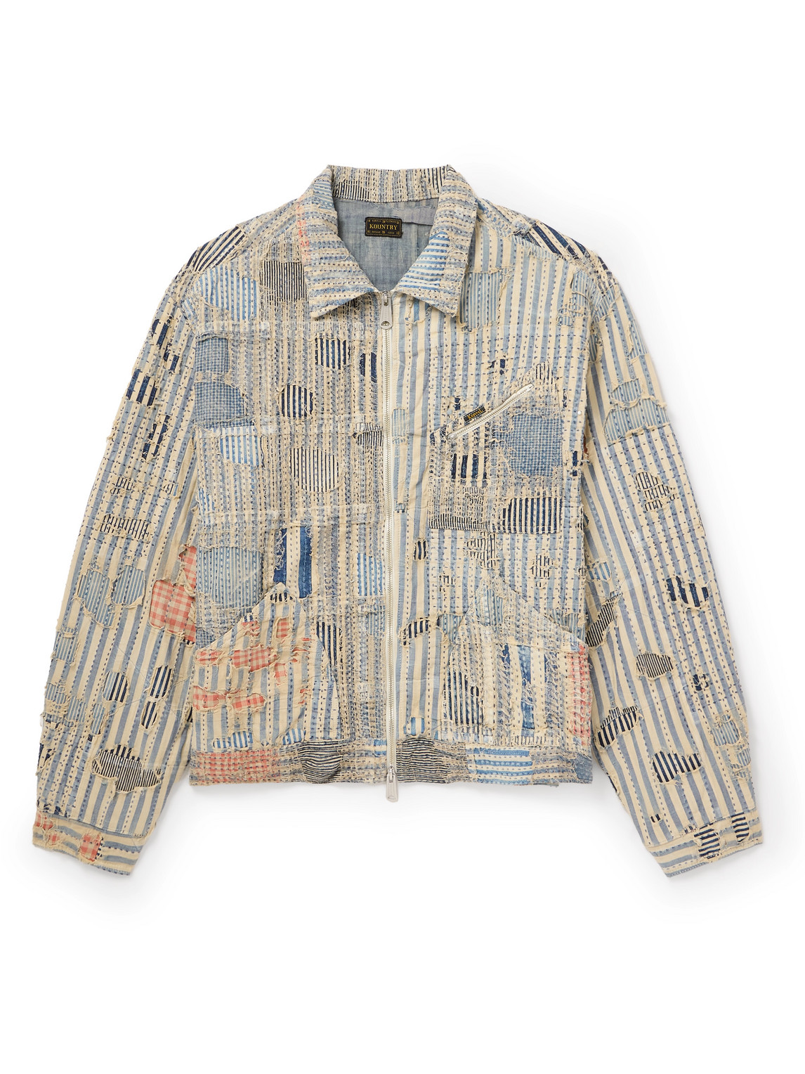 Kapital Liberty Distressed Embroidered Striped Cotton-blend Blouson Jacket In Blue