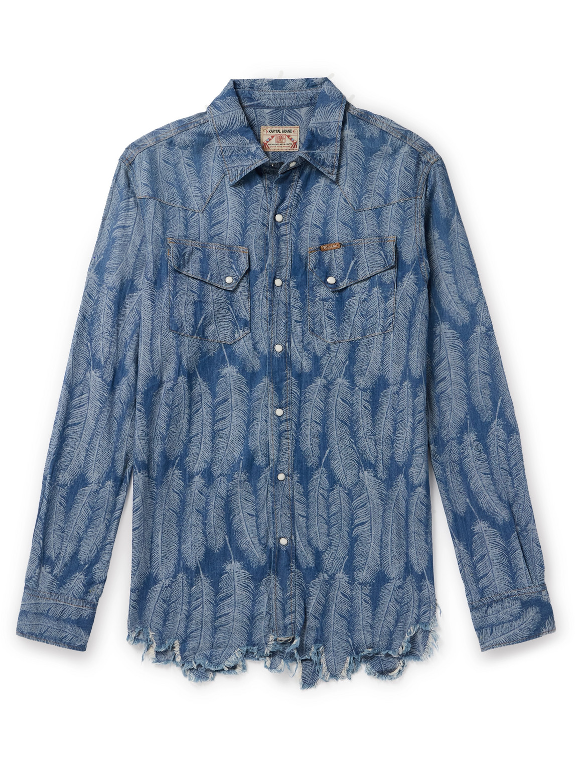 Kapital Magpie Distressed Denim-jacquard Western Shirt In Blue