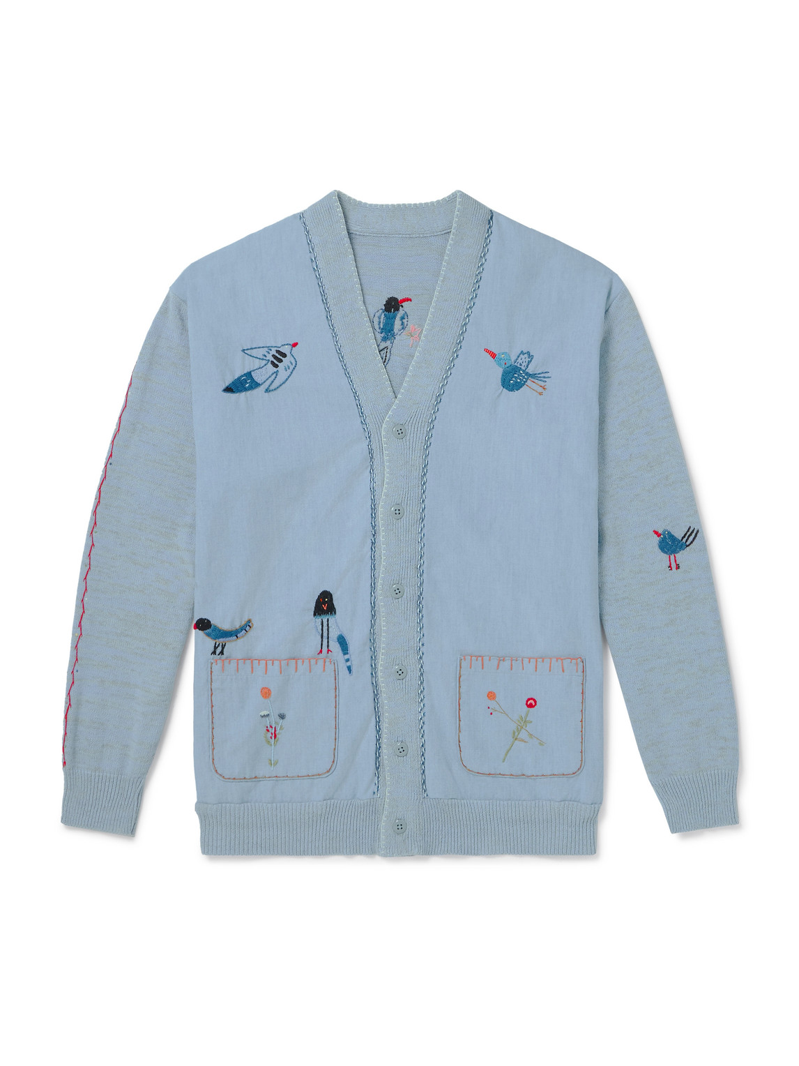 Kapital Magpie Embroidered Chambray-trimmed Cotton Cardigan In Blue