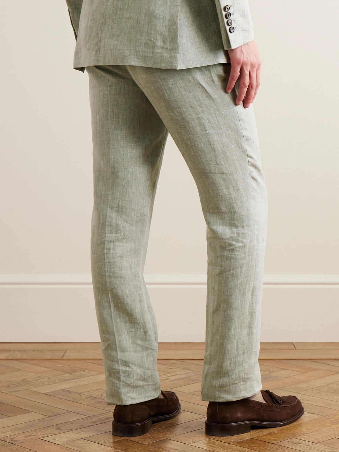 Shop Kingsman Straight-leg Linen Suit Trousers In Green