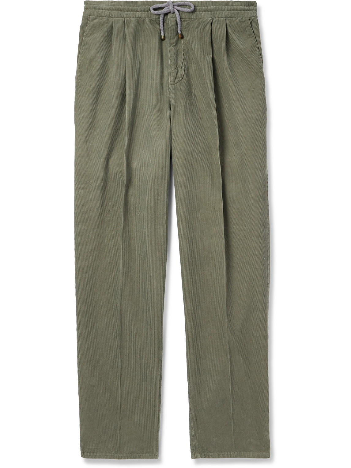 Brunello Cucinelli Straight-leg Pleated Cotton-corduroy Drawstring Trousers In Green