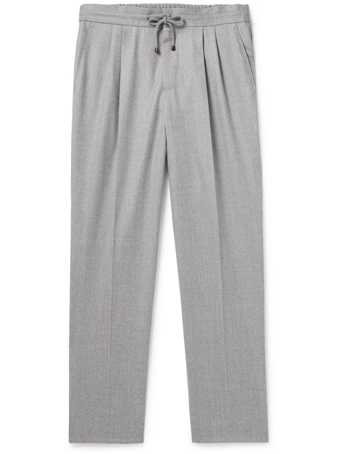 Brunello Cucinelli Tapered Pleated Virgin Wool-flannel Drawstring Trousers In Gray
