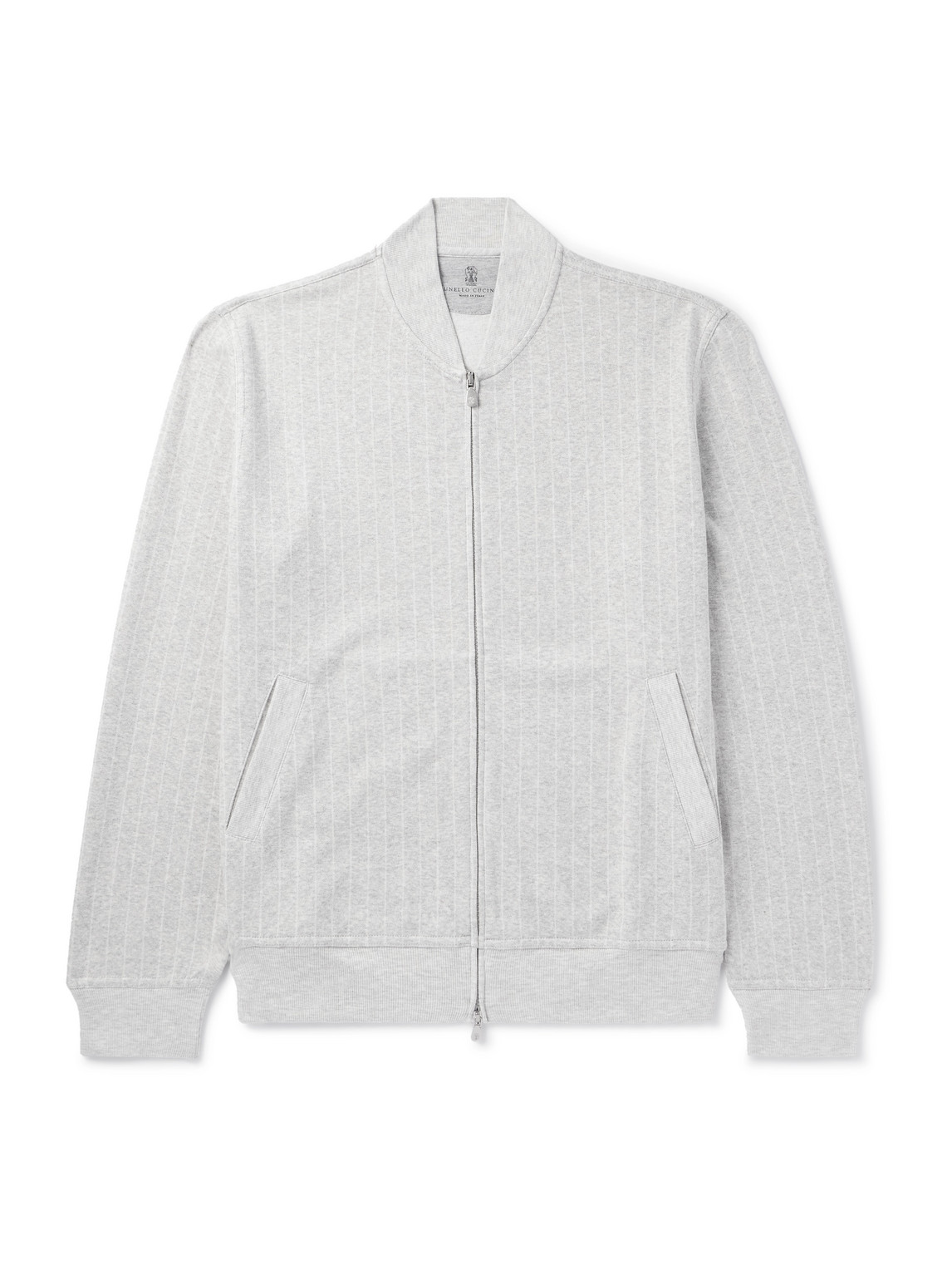 Brunello Cucinelli Striped Cotton, Cashmere And Silk-blend Zip-up Sweatshirt In Gray