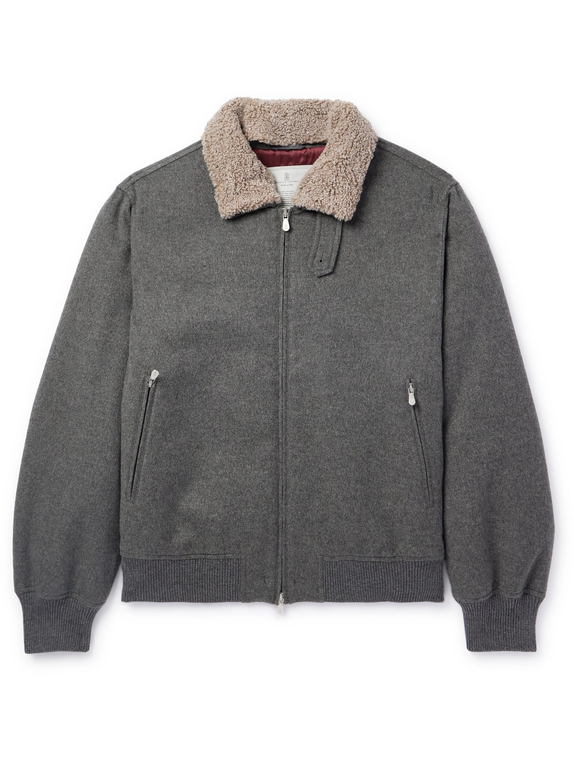 Brunello Cucinelli Shearling-trimmed Padded Cashmere Bomber Jacket In Gray