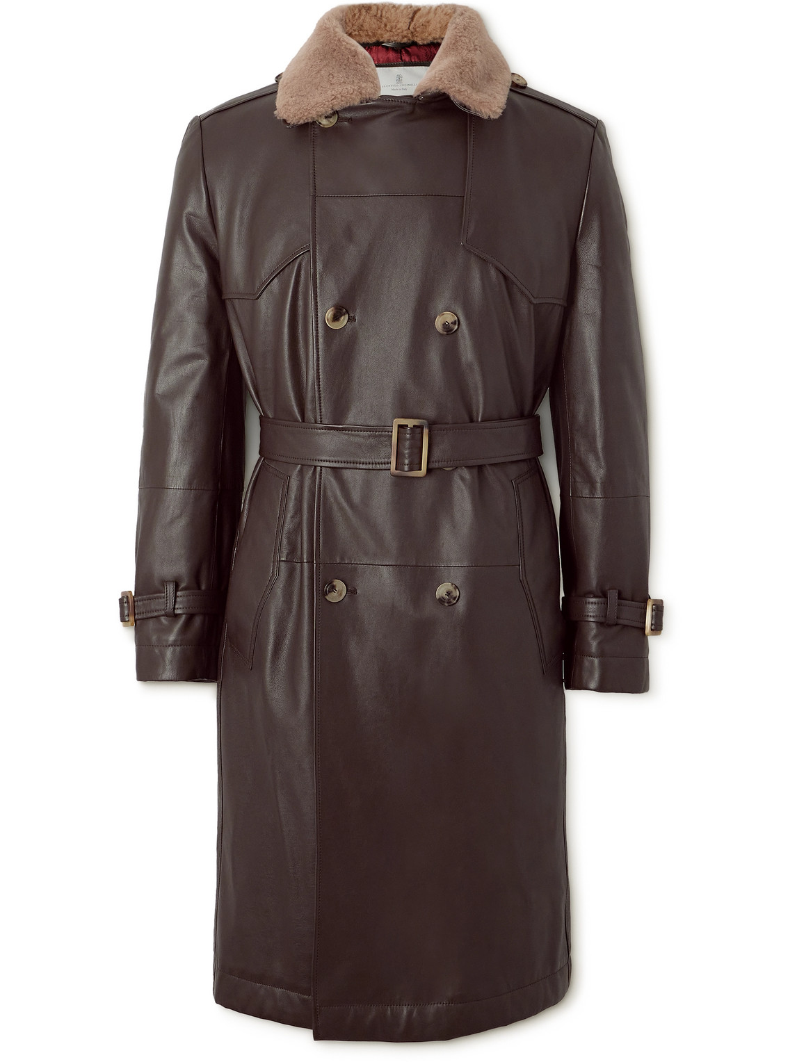 Brunello Cucinelli Double-breasted Shearling-trimmed Leather Trench Coat In Brown