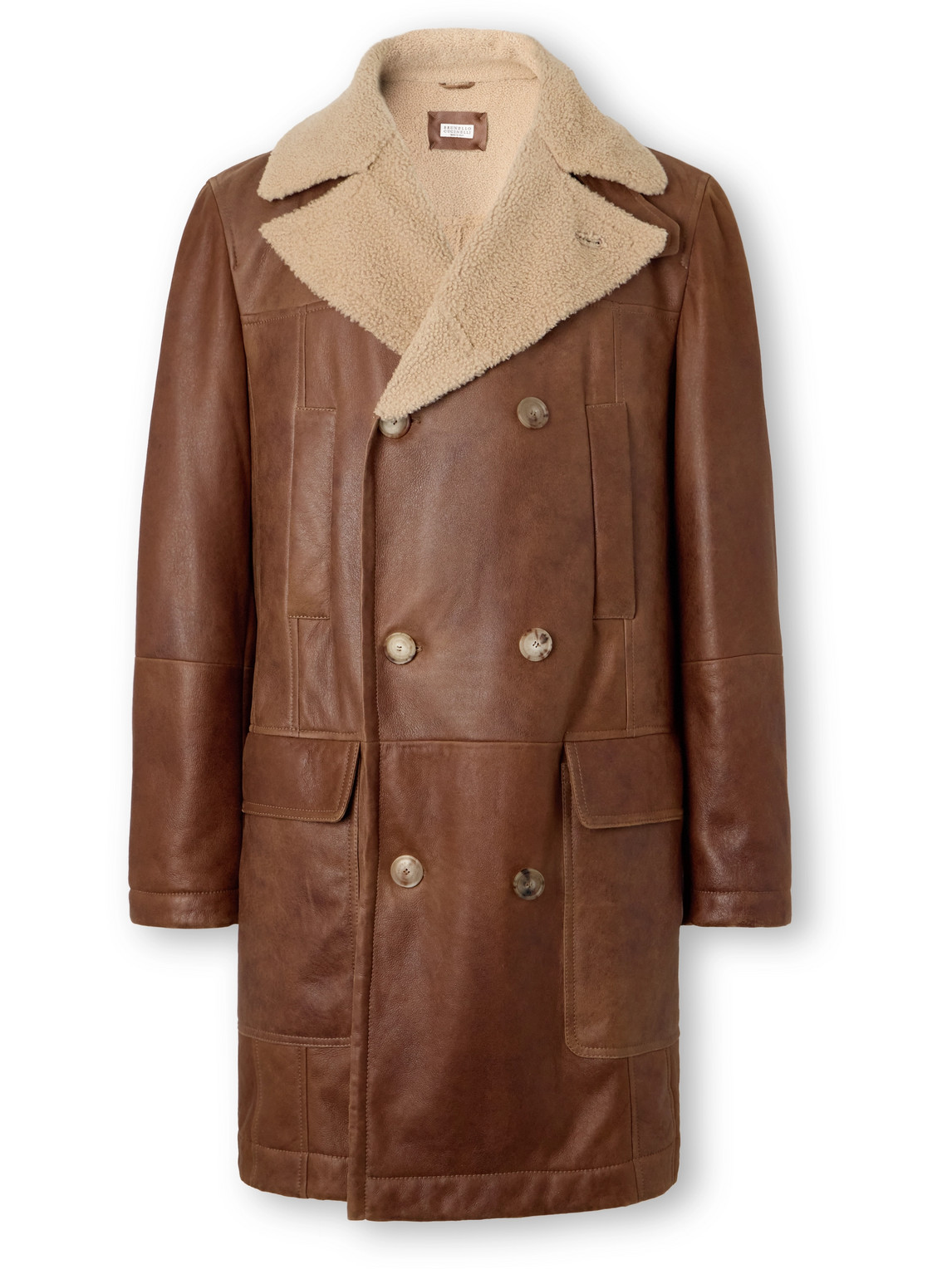 Brunello Cucinelli Double-breasted Shearling Peacoat In Brown