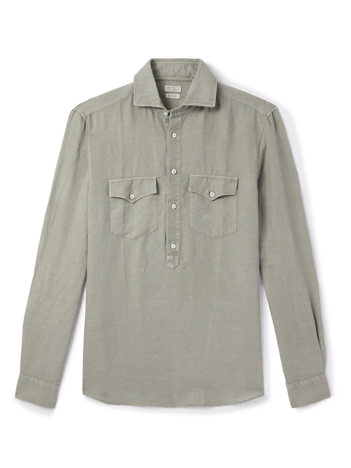 Brunello Cucinelli Cutaway-collar Linen And Cotton-blend Half-placket Shirt In Green