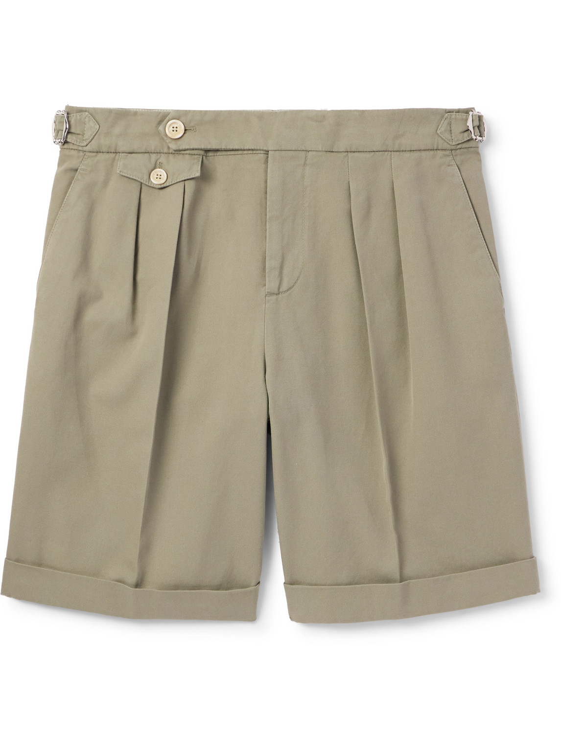 Brunello Cucinelli Straight-leg Pleated Garment-dyed Cotton-twill Shorts In Green