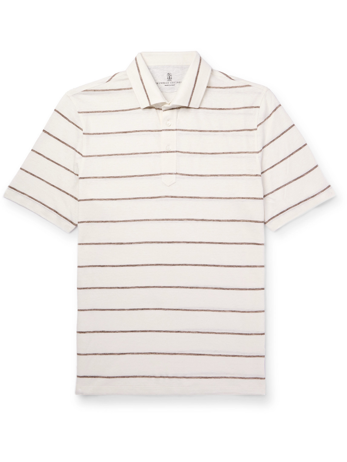 Shop Brunello Cucinelli Striped Linen And Cotton-blend Polo Shirt In White