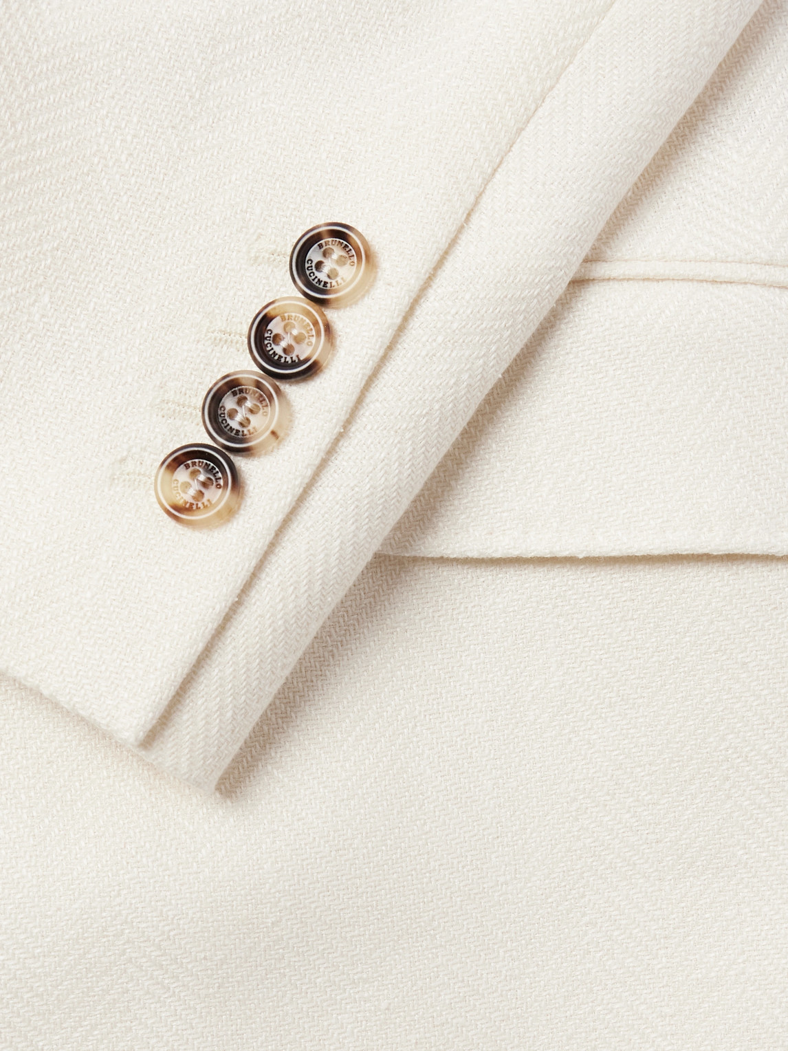 Shop Brunello Cucinelli Double-breasted Herringbone Linen, Silk, Wool And Cotton-blend Blazer In Neutrals