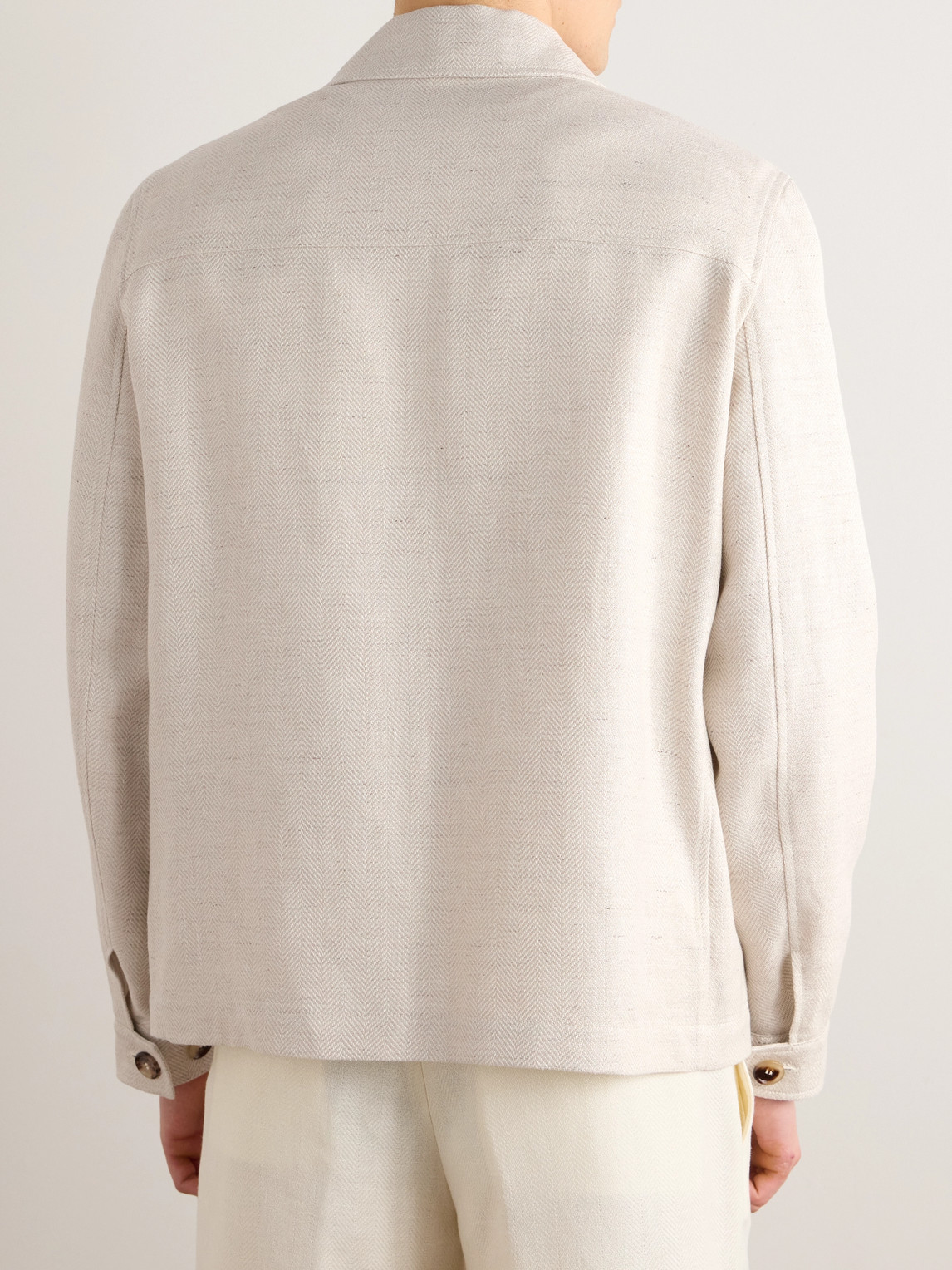 Shop Brunello Cucinelli Herringbone Linen, Silk, Wool And Cotton-blend Overshirt In Neutrals